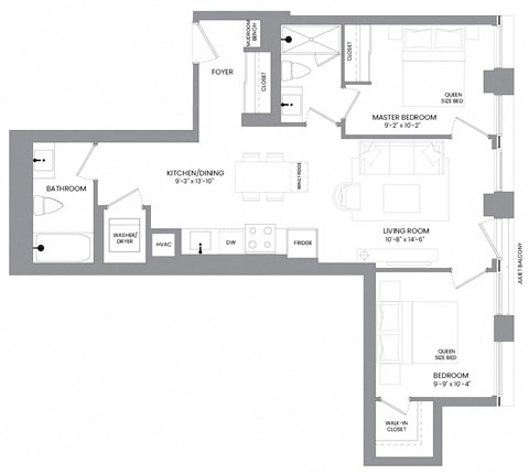 Floor plan for 2 beds, 2 baths, 865 sqft